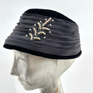 Vtg Black Velvet Satin Tilt Hat Beaded Pearl Cocktail Fascinator Union Made